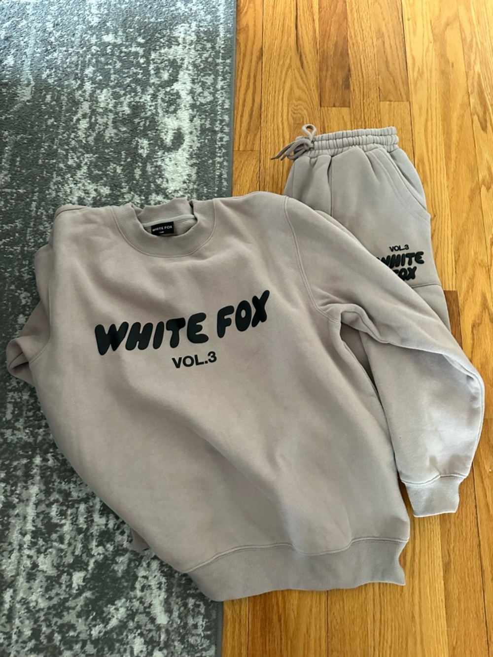 White Fox Boutique Taupe Crewneck Sweatshirt with Black Logo